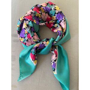 Vintage Silk Scarf Floral 30” Square Turquoise Purple Tie-dye Border Multicolor